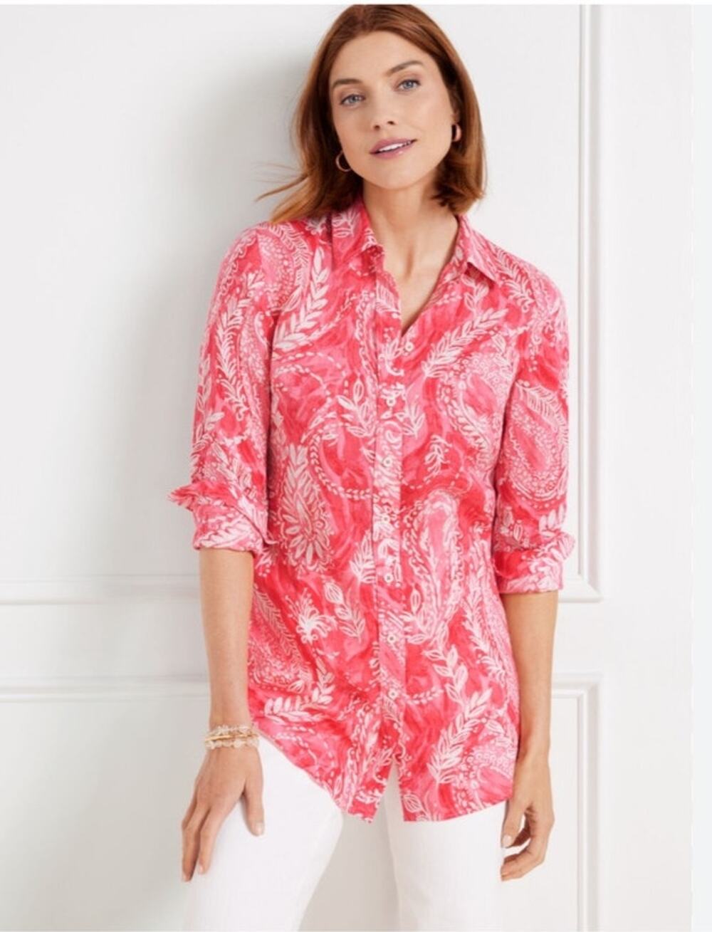 Talbots Petite Linen Floral Button Down Blouse Pink Coastal Size Petite M